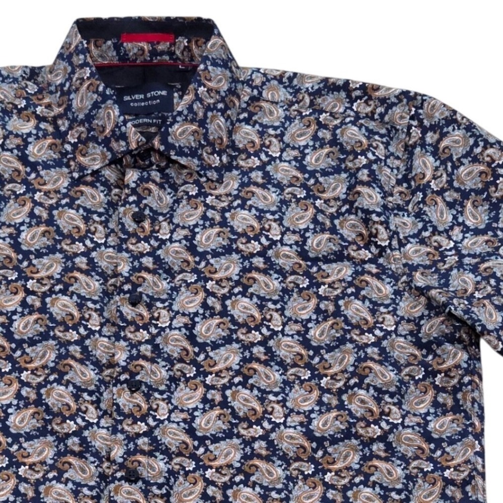 Silver Stone Paisley AOP Modern Fit Short Sleeve Button‎ Up Shirt Mens Large